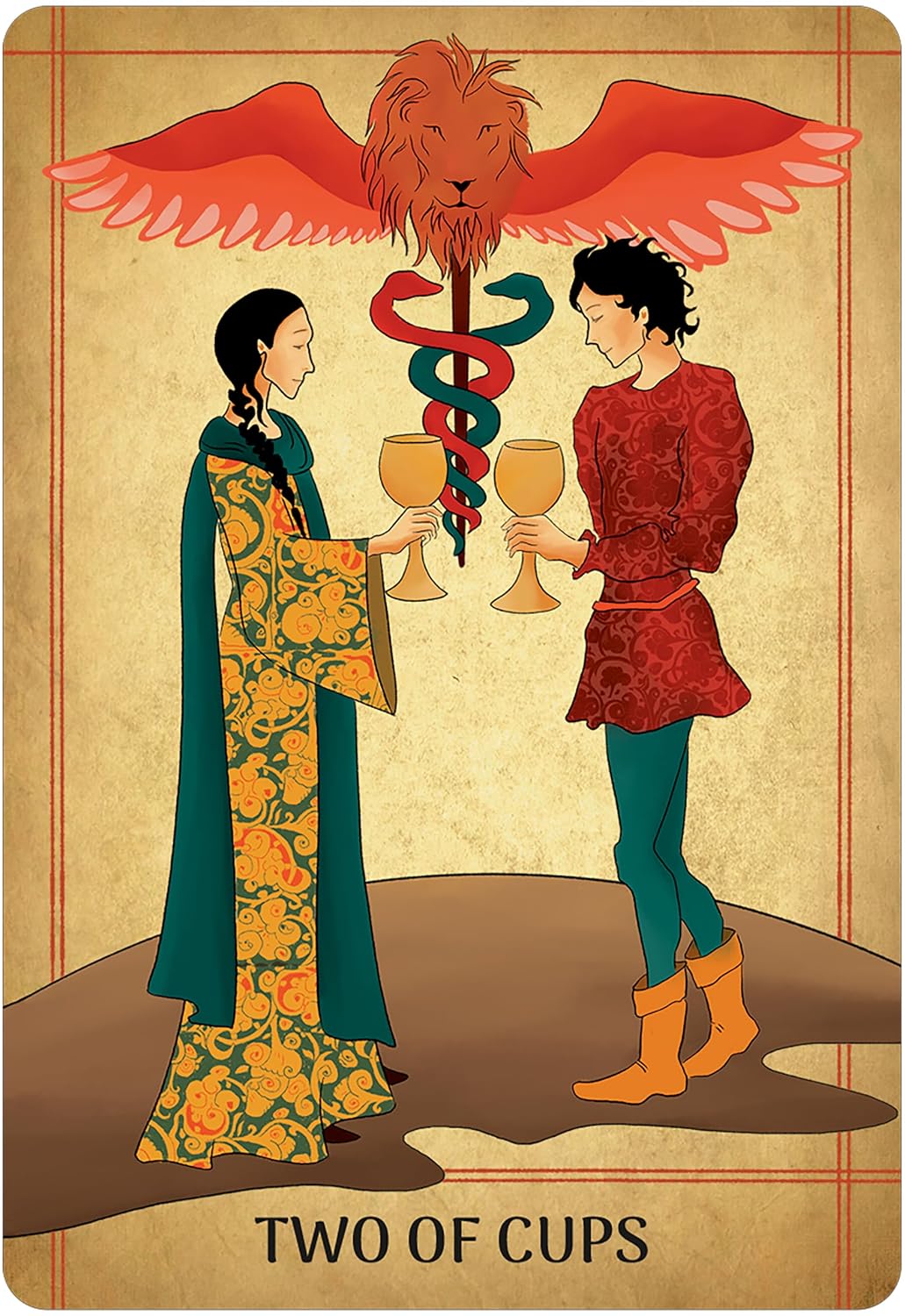 A stylized tarot card illustration reading 'TWO OF CUPS' shows two figures holding wine cups beneath a lion-headed caduceus symbol. The card has a parchment background with red border lines and the text 'TWO OF CUPS' at the bottom. Seljuq Tarot by Parastoo Pakzad, 78-card Rider-Waite-Smith-inspired tarot featuring colourful Persian miniature artwork and traditional decorative patterns.