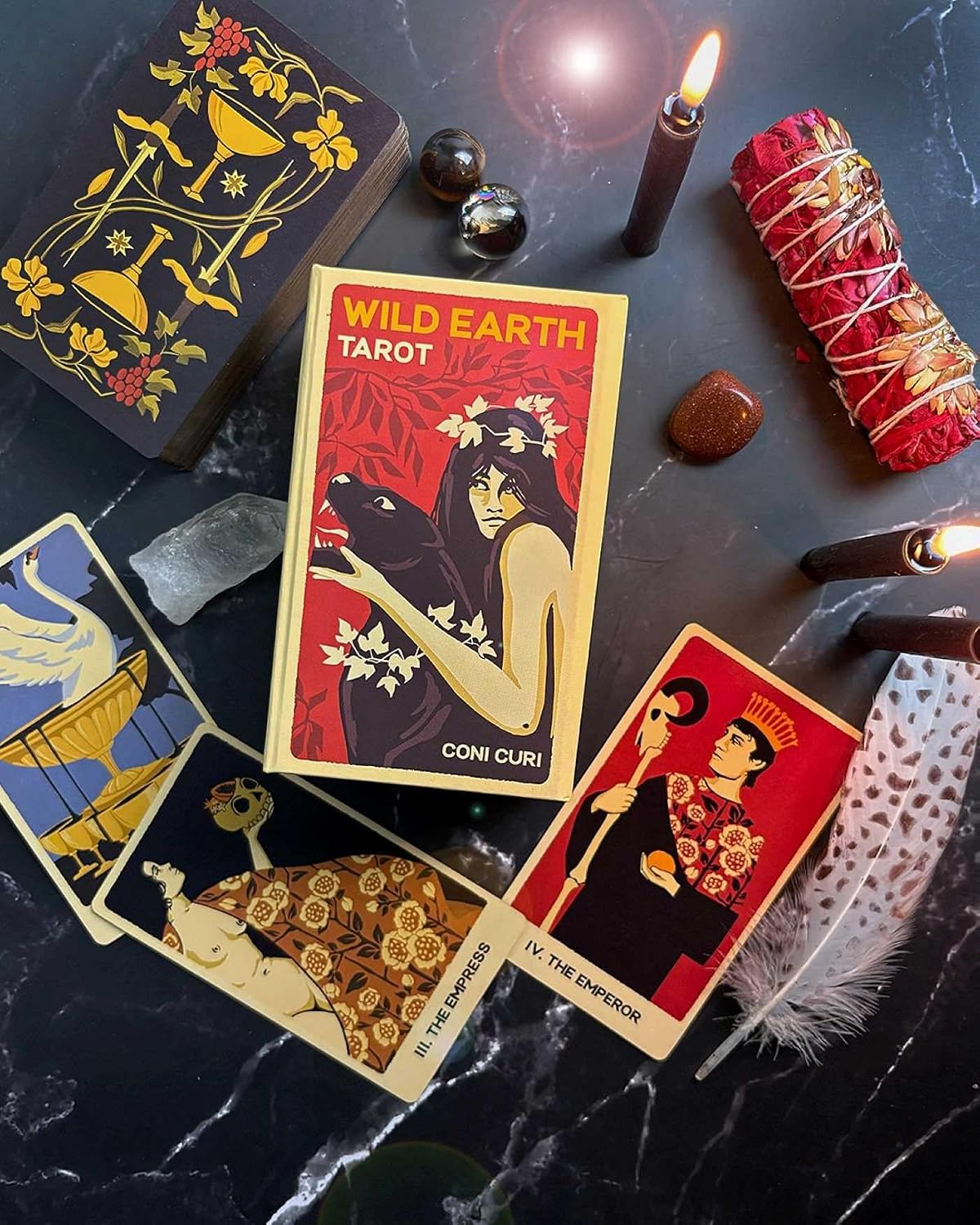 Wild Earth Tarot by Coni Curi featuring botanical illustrations, vintage-inspired artwork, Tarot de Marseille symbolism, and nature-based imagery.