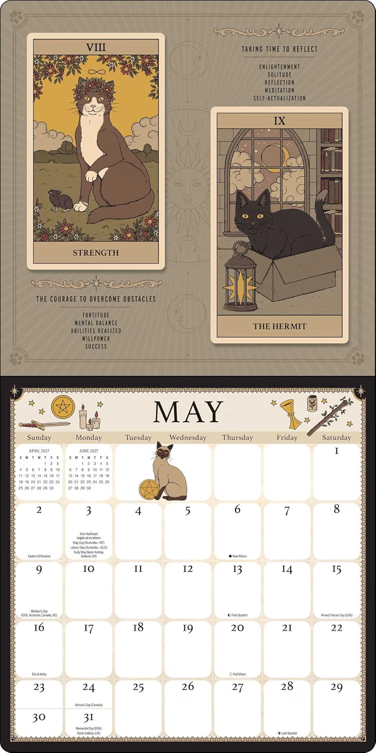 A tarot-themed May calendar page featuring two illustrated tarot cards at the top and a May grid below, with a cat illustration and decorative text on a beige background.