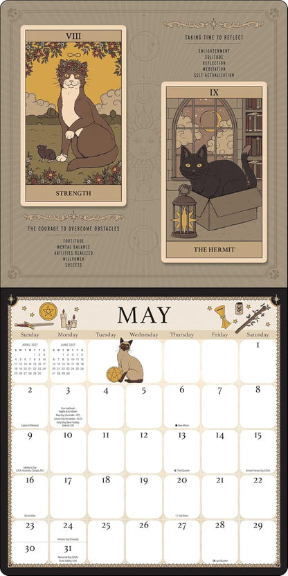 A tarot-themed May calendar page featuring two illustrated tarot cards at the top and a May grid below, with a cat illustration and decorative text on a beige background.
