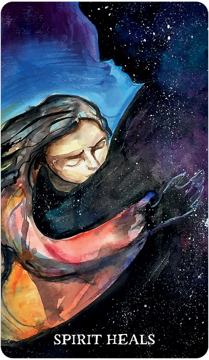 A tarot card titled 'SPIRIT HEALS' featuring a watercolor-style illustration of a woman in a dark cloak against a starry night sky with deep blue and purple tones.
