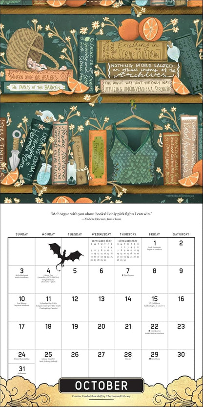 A Halloween-themed monthly calendar page for October, featuring a decorative illustrated top section with books, oranges, a green dress, and quotes, plus a white calendar grid below with a bat icon and a black October label.
Official Fourth Wing 2027 Wall Calendar featuring artwork inspired by Rebecca Yarros' bestselling Empyrean fantasy series.