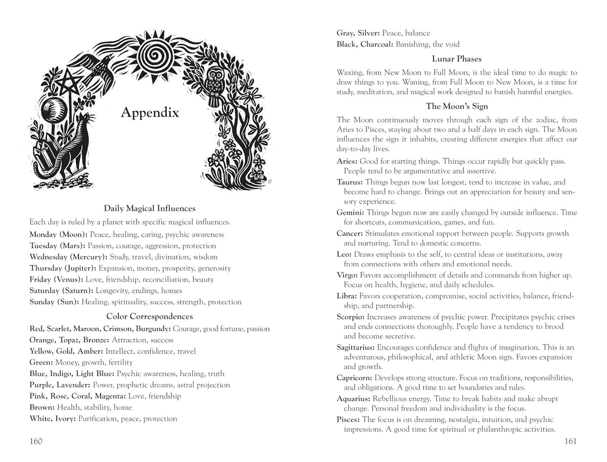 Appendix page with astrological symbols and text on a white background Llewellyn's 2027 Witches' Datebook, spiral-bound weekly witchcraft planner featuring Jennifer Hewitson's artwork, seasonal rituals and magical tips.