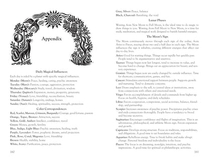 Appendix page with astrological symbols and text on a white background Llewellyn's 2027 Witches' Datebook, spiral-bound weekly witchcraft planner featuring Jennifer Hewitson's artwork, seasonal rituals and magical tips.