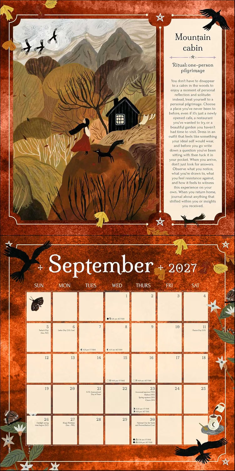 A vertical September 2027 calendar page with a whimsical autumn illustration at the top showing mountains, a small house, crows, and the title 'Mountain cabin.' The page includes a large monthly calendar grid for September with decorative bird and leaf accents around the border.
2027 Seasons of the Witch Wall Calendar by Lorraine Anderson with magical artwork by Tijana Lukovic and Giada Rose, featuring sabbats, moon phases and rituals