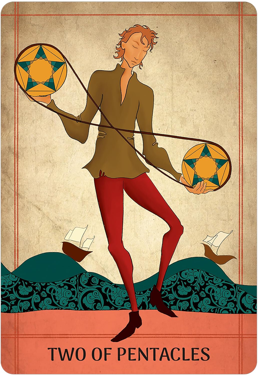 A stylized tarot card illustration reading 'TWO OF PENTACLES' at the bottom. A person in a brown jacket and red pants stands over dark teal waves, holding two yellow pentagram spheres. Seljuq Tarot by Parastoo Pakzad, 78-card Rider-Waite-Smith-inspired tarot featuring colourful Persian miniature artwork and traditional decorative patterns.
