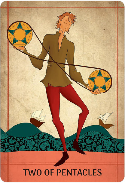 A stylized tarot card illustration reading 'TWO OF PENTACLES' at the bottom. A person in a brown jacket and red pants stands over dark teal waves, holding two yellow pentagram spheres. Seljuq Tarot by Parastoo Pakzad, 78-card Rider-Waite-Smith-inspired tarot featuring colourful Persian miniature artwork and traditional decorative patterns.