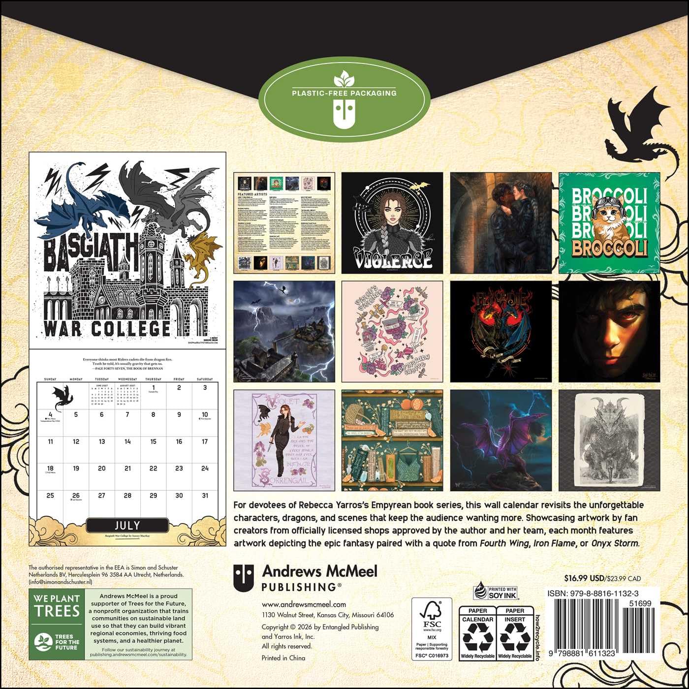 Back cover of a plastic-free packaging insert for a Basgiath War College calendar, featuring fantasy artwork, a monthly calendar, product details, and a barcode.
Official Fourth Wing 2027 Wall Calendar featuring artwork inspired by Rebecca Yarros' bestselling Empyrean fantasy series.