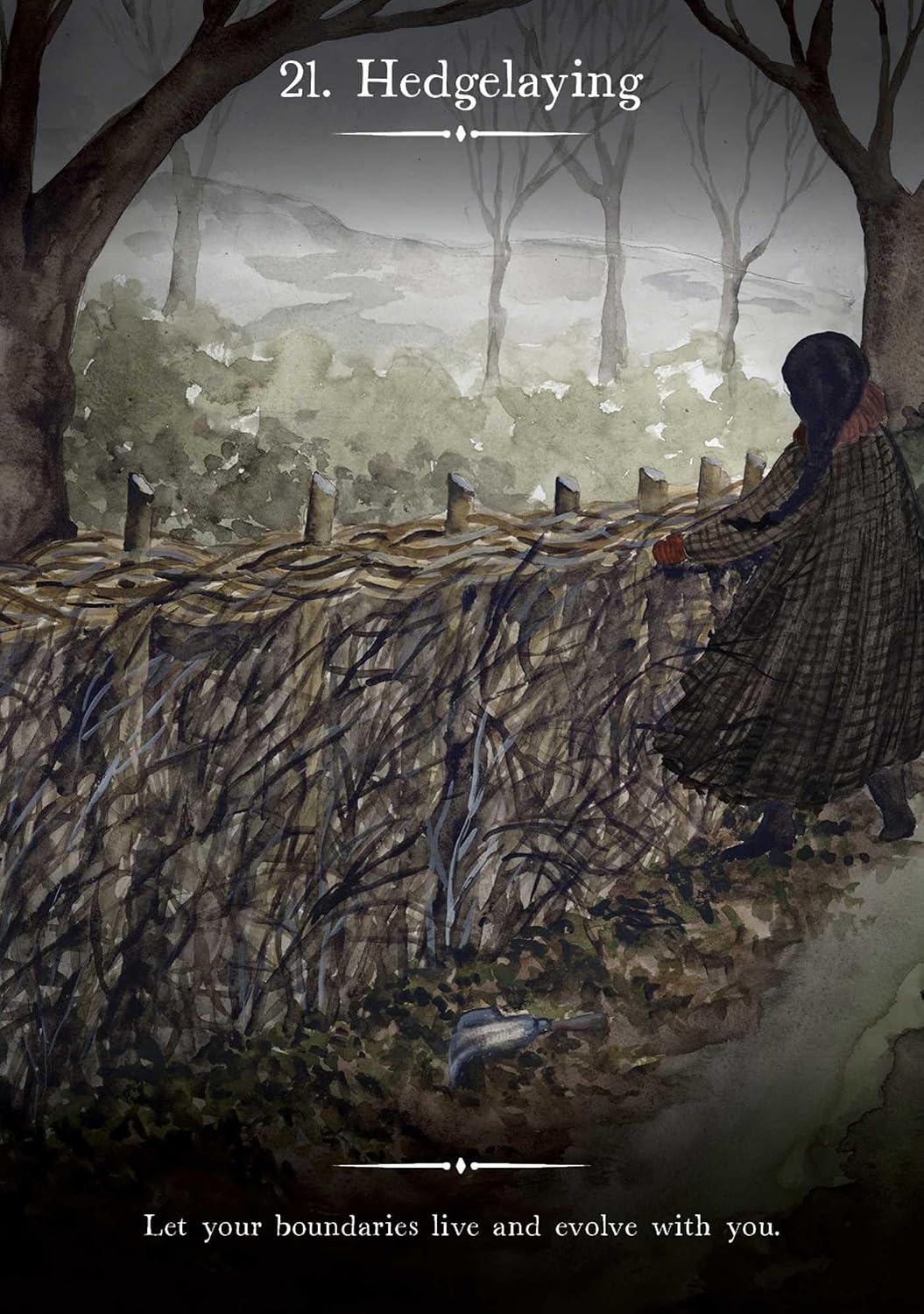 A moody illustrated scene of a person in a long dark dress standing beside a dense hedge in a misty wooded landscape. White text at the top reads '21.
Witch's Homestead Oracle by Hadas Knox and Giada Rose featuring enchanting cottagecore artwork inspired by Victorian homesteads, folk magic, and nature.