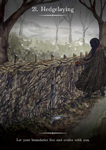 A moody illustrated scene of a person in a long dark dress standing beside a dense hedge in a misty wooded landscape. White text at the top reads '21.
Witch's Homestead Oracle by Hadas Knox and Giada Rose featuring enchanting cottagecore artwork inspired by Victorian homesteads, folk magic, and nature.