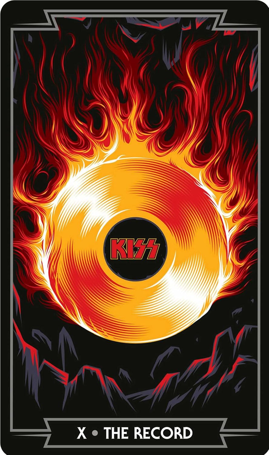 A tarot-style card titled 'X • THE RECORD' featuring a glowing vinyl record surrounded by flames on a black background, with the KISS logo centered on the record.
