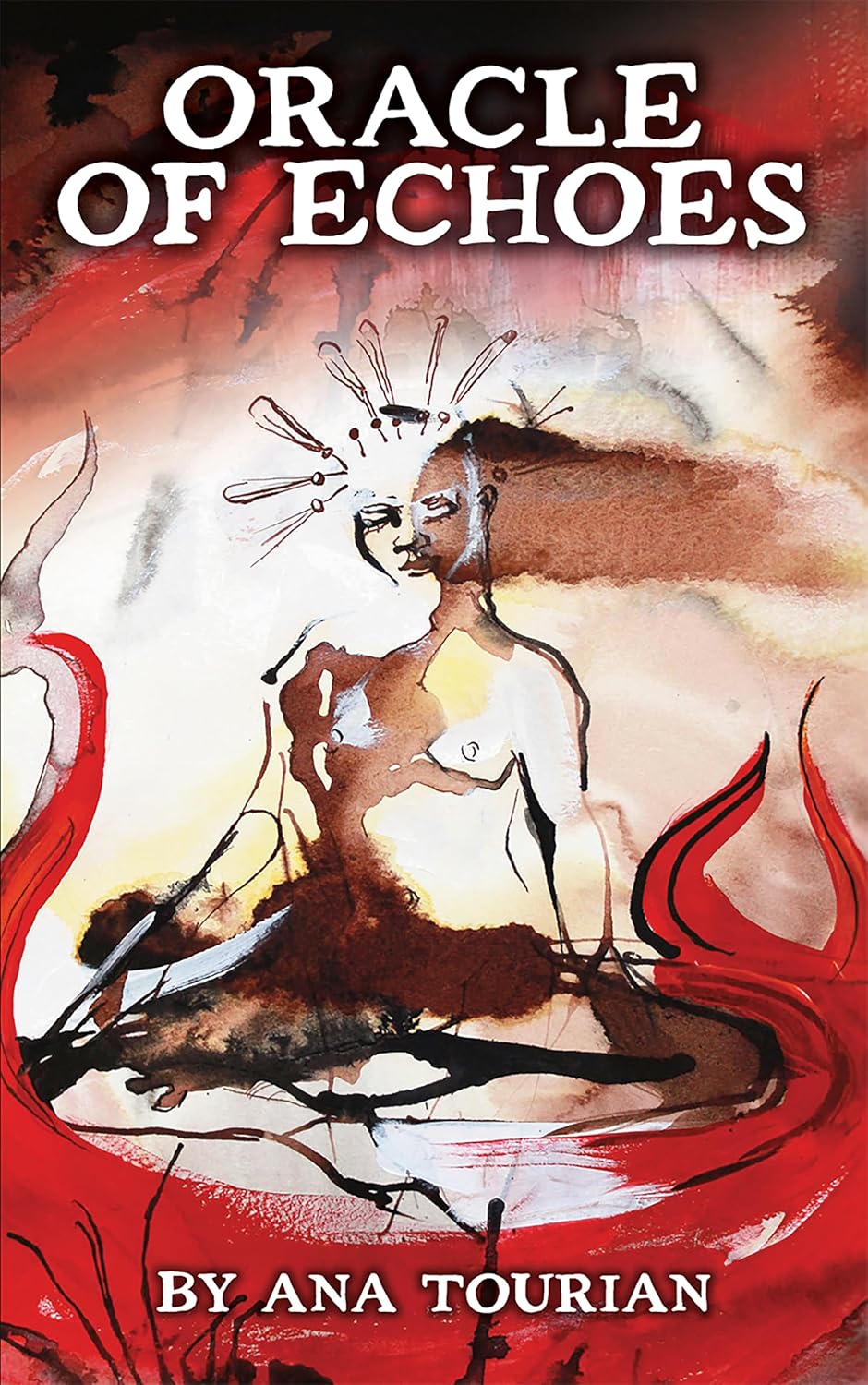 Book cover for 'Oracle of Echoes' by Ana Tourian, featuring a stylized seated figure in brown, black, white, and red abstract artwork with large white title text at the top.