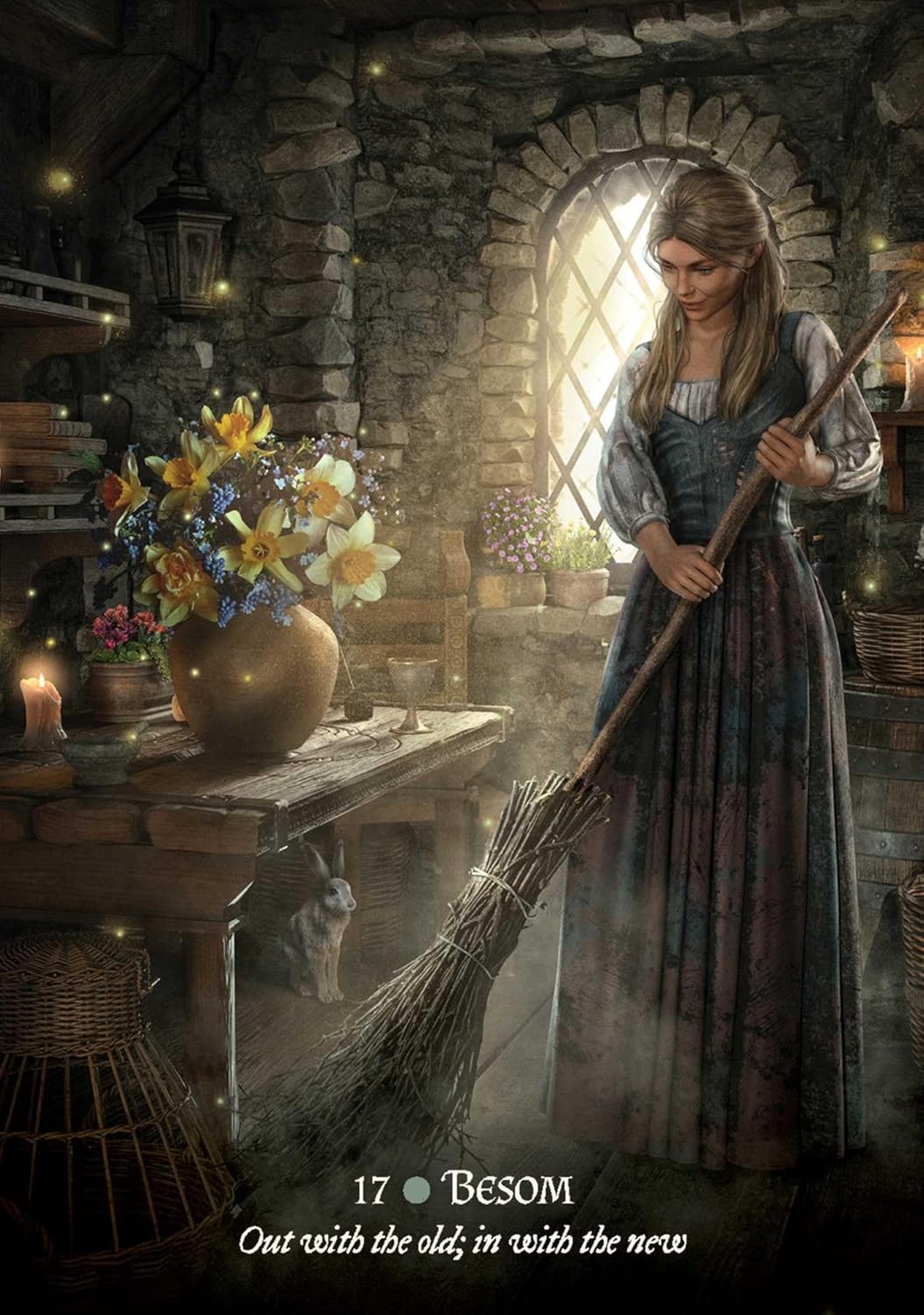 A woman in a medieval-style dress stands in a stone room holding a broom, with a table of flowers and candles in the foreground. Text at the bottom reads '17 × Besom Out with the old, in with the new'.