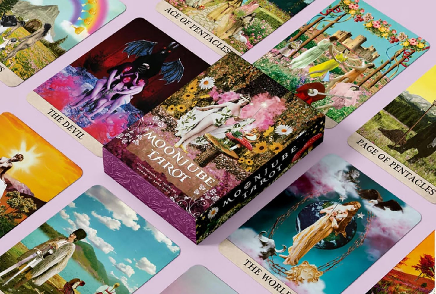 Moonjube Tarot Deck featuring surreal collage artwork, vibrant colours, astrological symbolism, and visionary Aquarian-inspired tarot imagery.