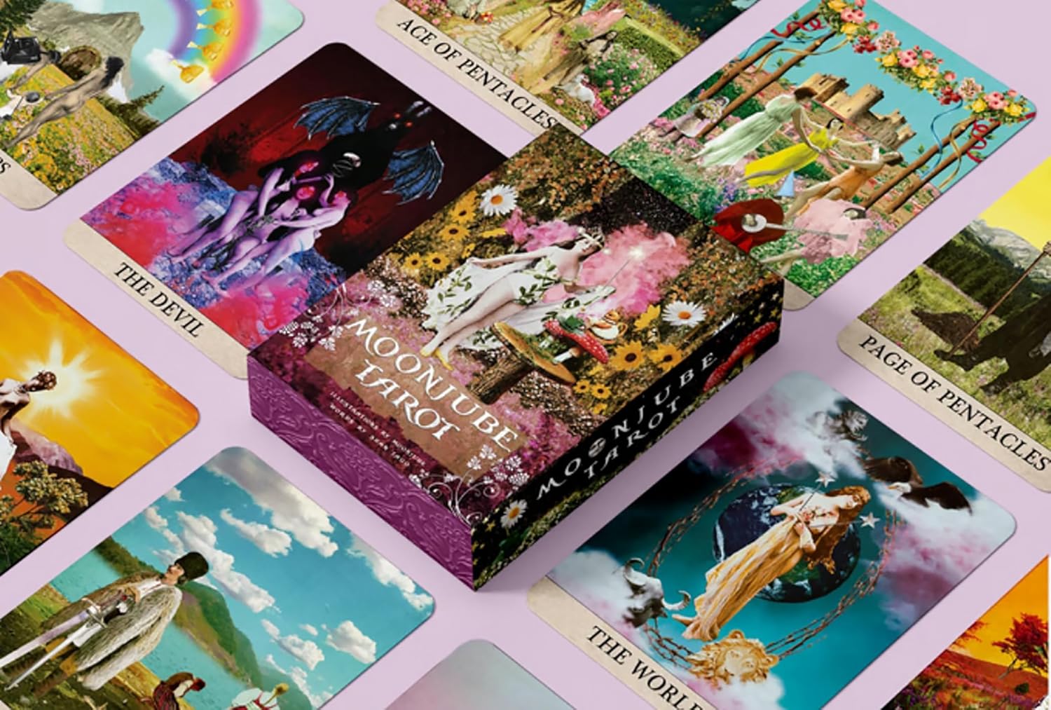 Moonjube Tarot Deck featuring surreal collage artwork, vibrant colours, astrological symbolism, and visionary Aquarian-inspired tarot imagery.