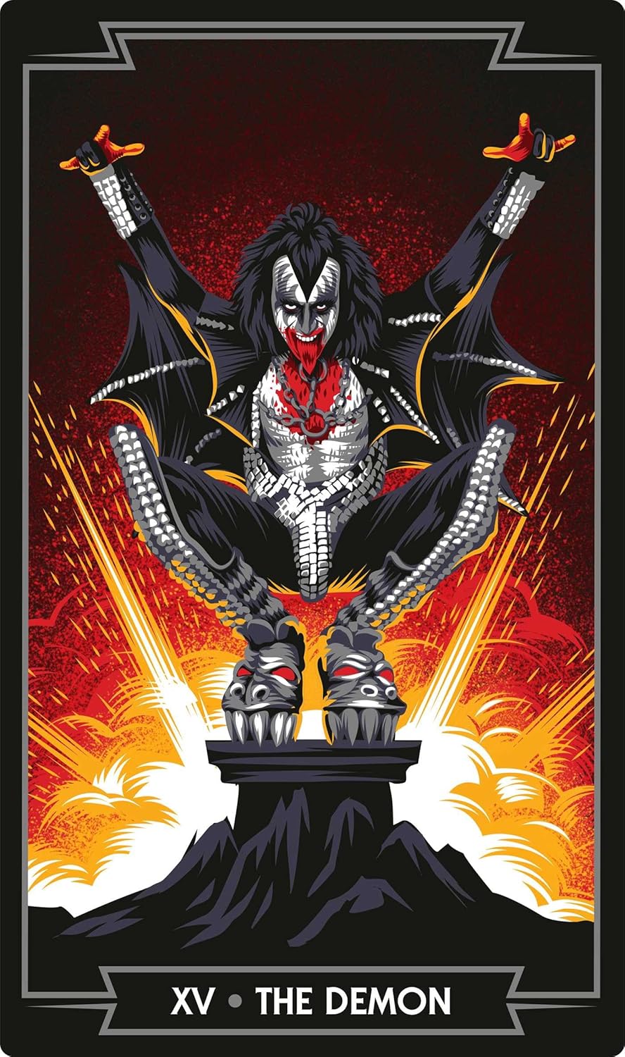 Tarot card illustration titled 'XV • THE DEMON' showing a figure in black and white costume with red accents, seated on a dark pedestal against a fiery red, orange, and yellow background.