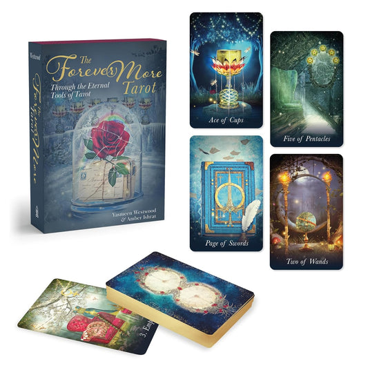 ForeverMore Tarot by Amber Ishrat and Yasmeen Westwood featuring symbolic tarot artefacts, immersive artwork, and a deluxe boxed set with a 208-page guidebook.