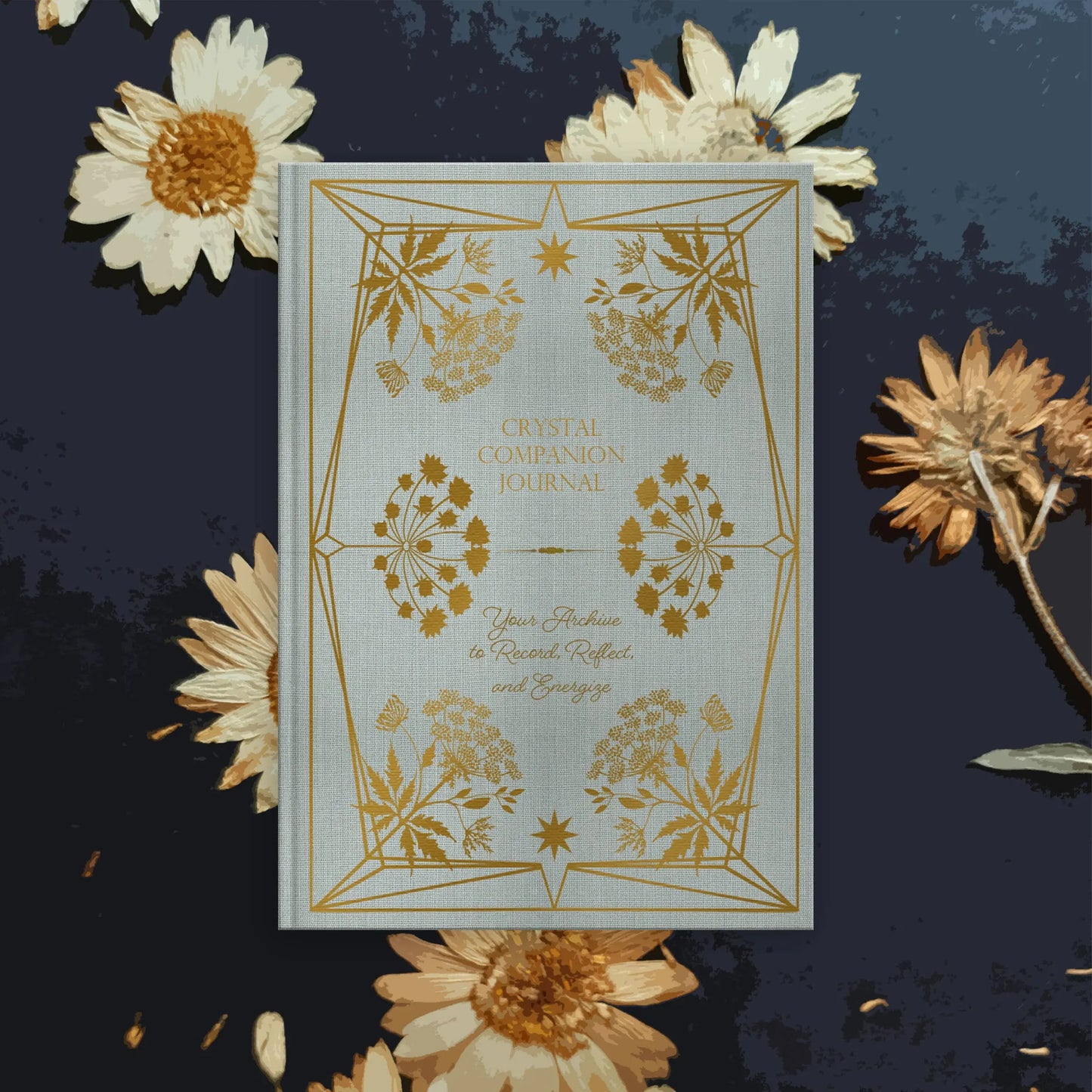 Decorative journal with floral design on a dark background with flowers Crystal companion journal by Bouchette and Co available from Oneness Emporium