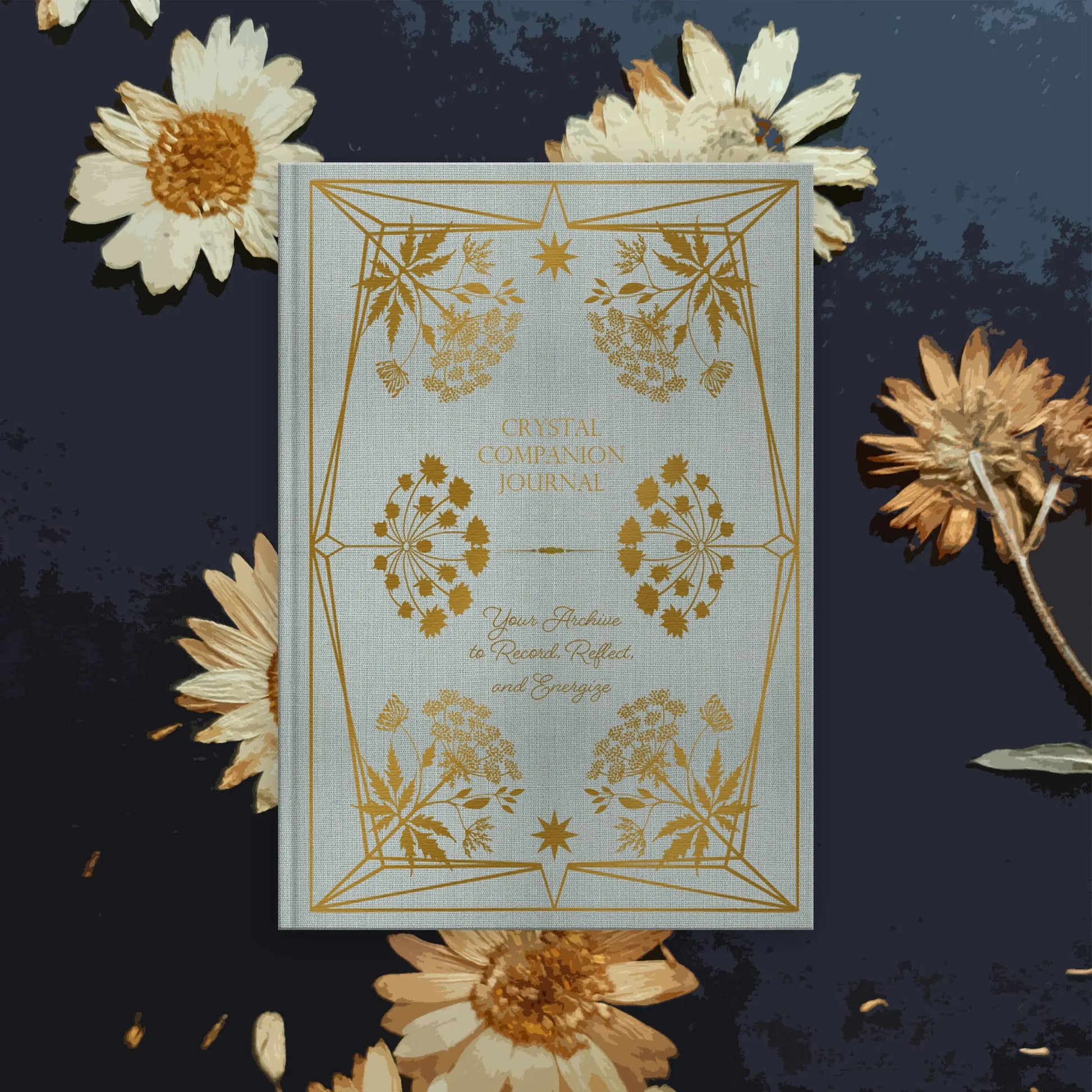 Decorative journal with floral design on a dark background with flowers Crystal companion journal by Bouchette and Co available from Oneness Emporium