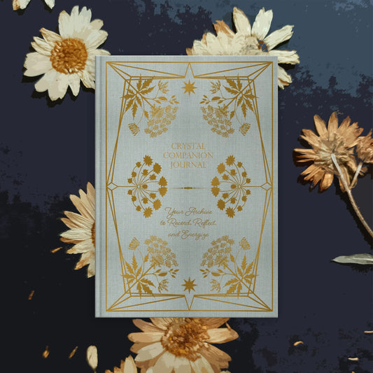 Decorative journal with floral design on a dark background with flowers Crystal companion journal by Bouchette and Co available from Oneness Emporium