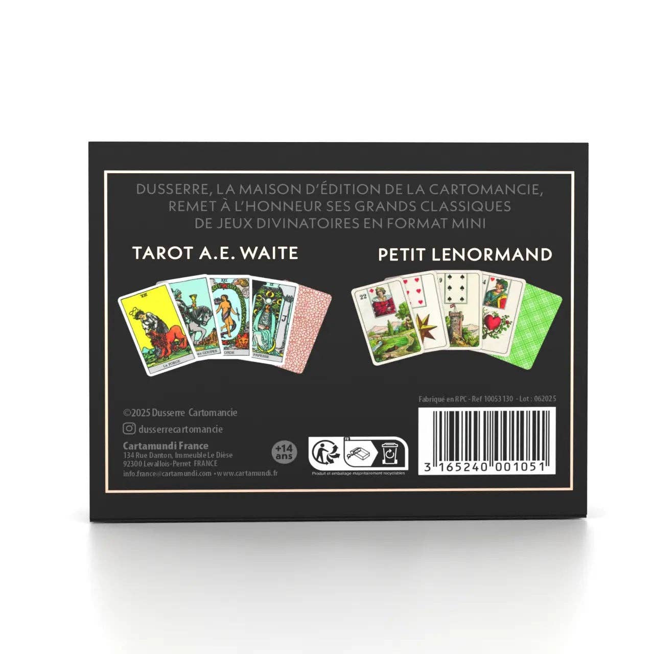 Back view of Tarot A.E. Waite packaging with illustrations and text.