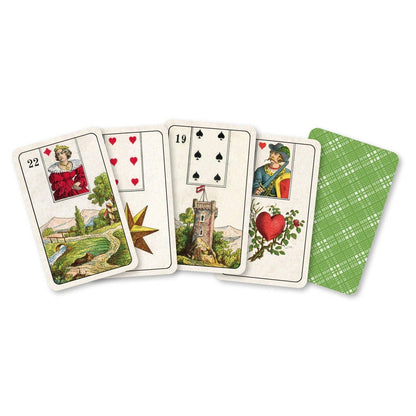 Set of playing cards with colorful illustrations on a white background