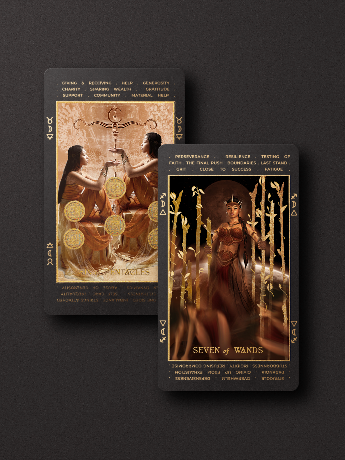Two tarot cards from the Axiom Tarot deck are displayed on a dark textured background. The card in the back shows the 'Lamentations' design with gold coins and figures, while the card in the front shows the 'Seven of Wands' design with a warrior holding a staff.