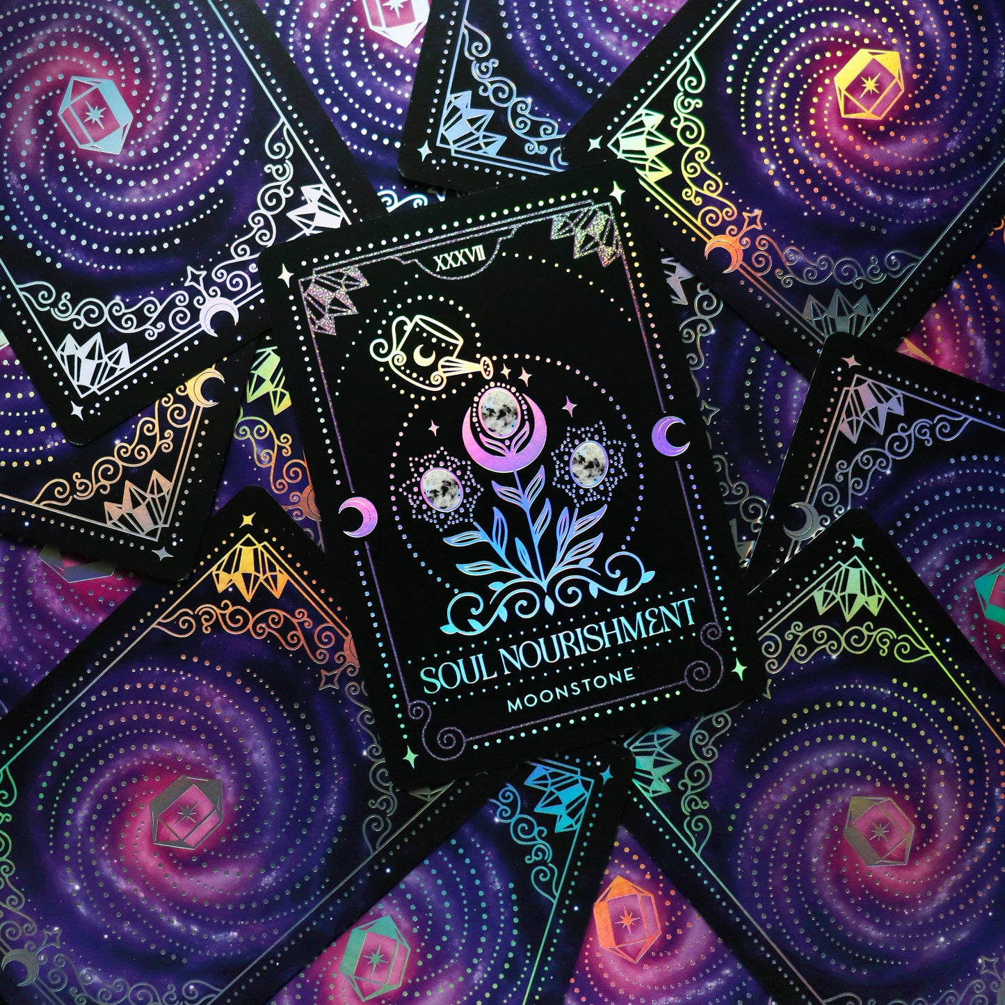 Crystal Portal Oracle deck with holographic foil and crystal themed artwork indie oracle UK