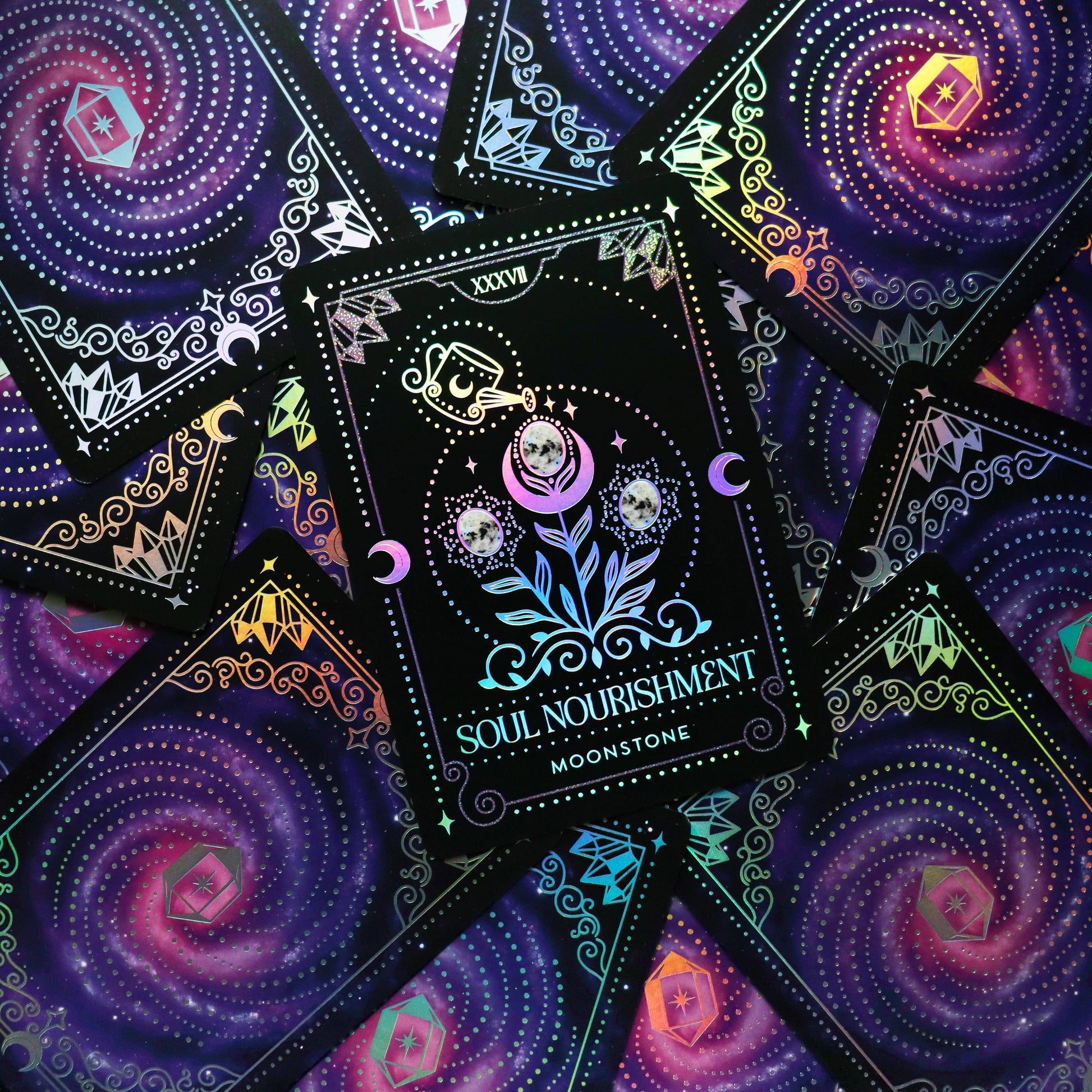 Crystal Portal Oracle deck with holographic foil and crystal themed artwork indie oracle UK