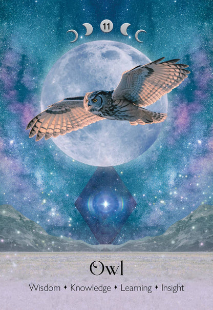 Owl flying in front of a moon with astrological symbols above, set against a starry night sky.