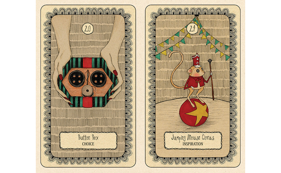 Two illustrated tarot-style cards shown side by side on a cream background. The left card depicts hands holding a striped button box with the caption 'Button Box Choice. Coraline Oracle dec