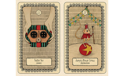 Two illustrated tarot-style cards shown side by side on a cream background. The left card depicts hands holding a striped button box with the caption 'Button Box Choice. Coraline Oracle dec
