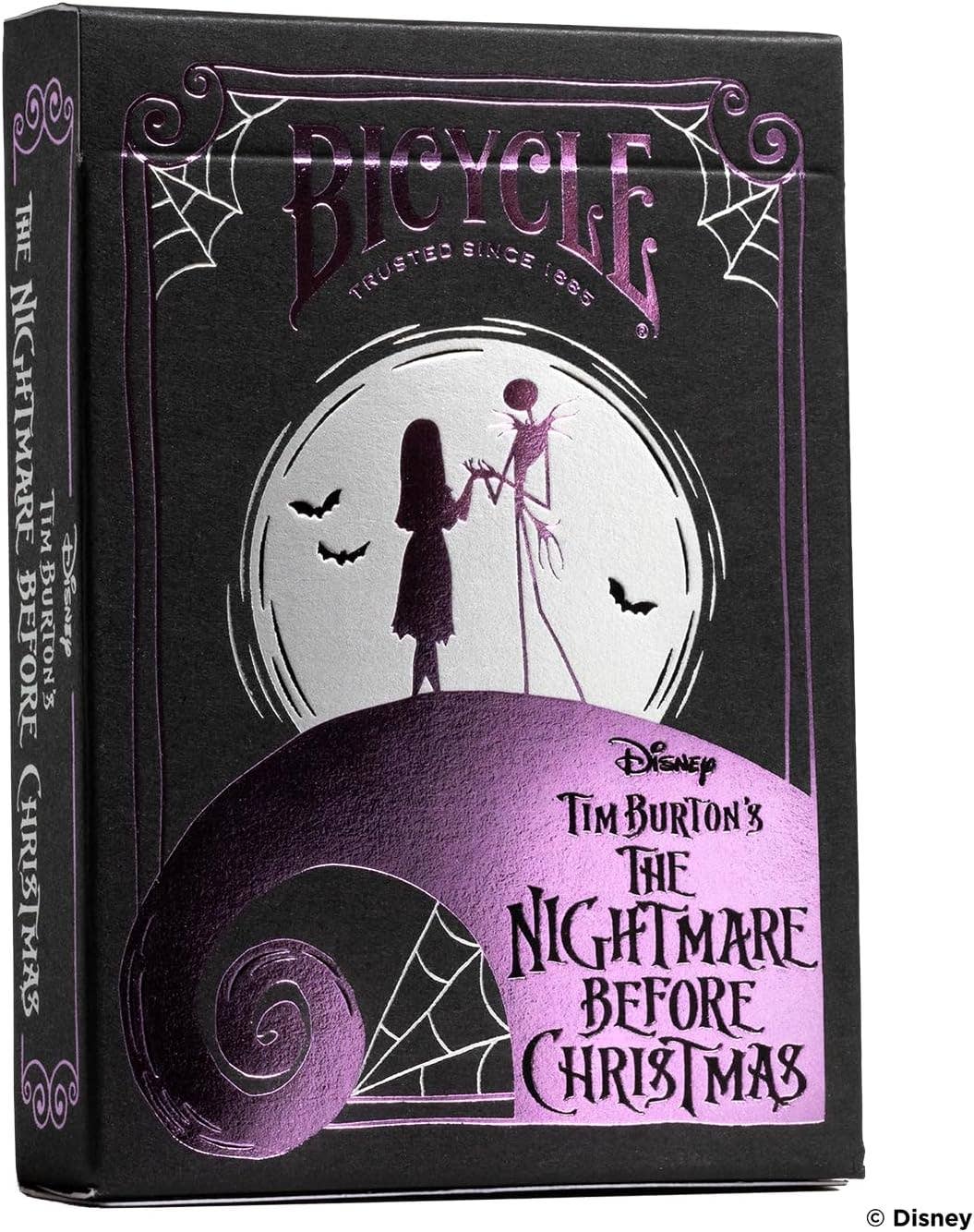 Playing card deck packaging featuring 'The Nightmare Before Christmas' design with a silhouette of a girl and a skeleton holding hands.