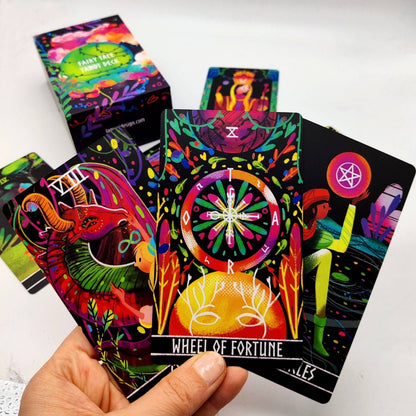 Colorful tarot cards with intricate designs on a white background