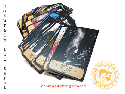 Sasuraibito Tarot by Stasia Burrington featuring whimsical hand-drawn artwork and diverse Rider-Waite-inspired tarot imagery