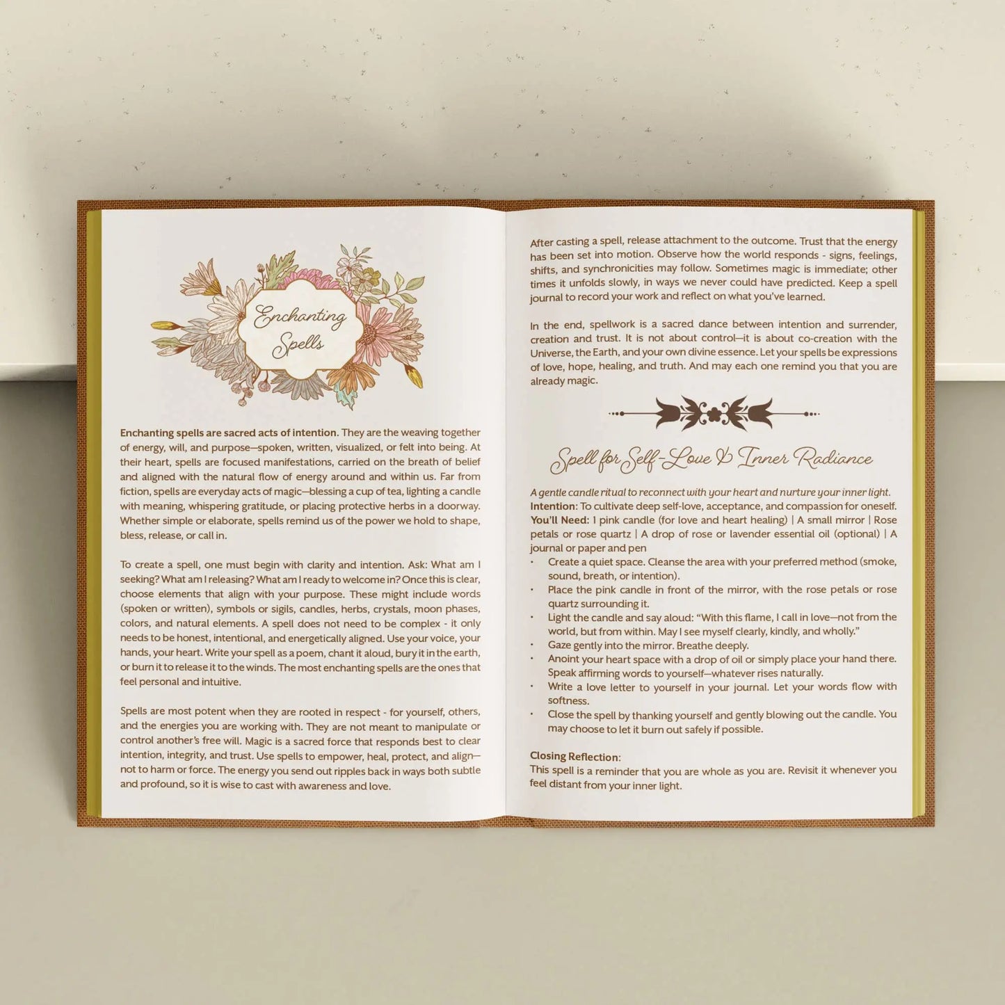Open book with text and decorative elements on a beige background Grimoire Bouchette and Co Oneness Emporium