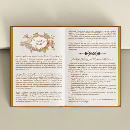 Open book with text and decorative elements on a beige background Grimoire Bouchette and Co Oneness Emporium