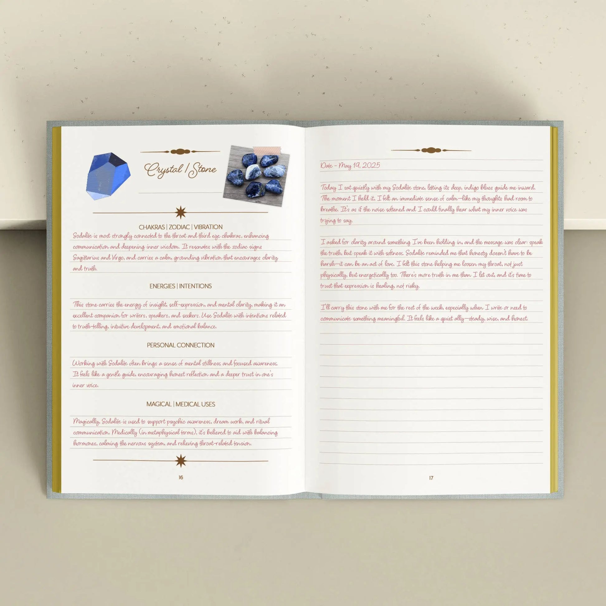 Open book with text and a crystal image on a beige background Crystal companion journal by Bouchette and Co available from Oneness Emporium