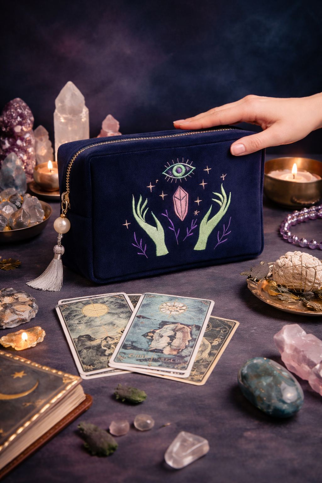 Navy pouch with embroidered design on a mystical setting with tarot cards and crystals.