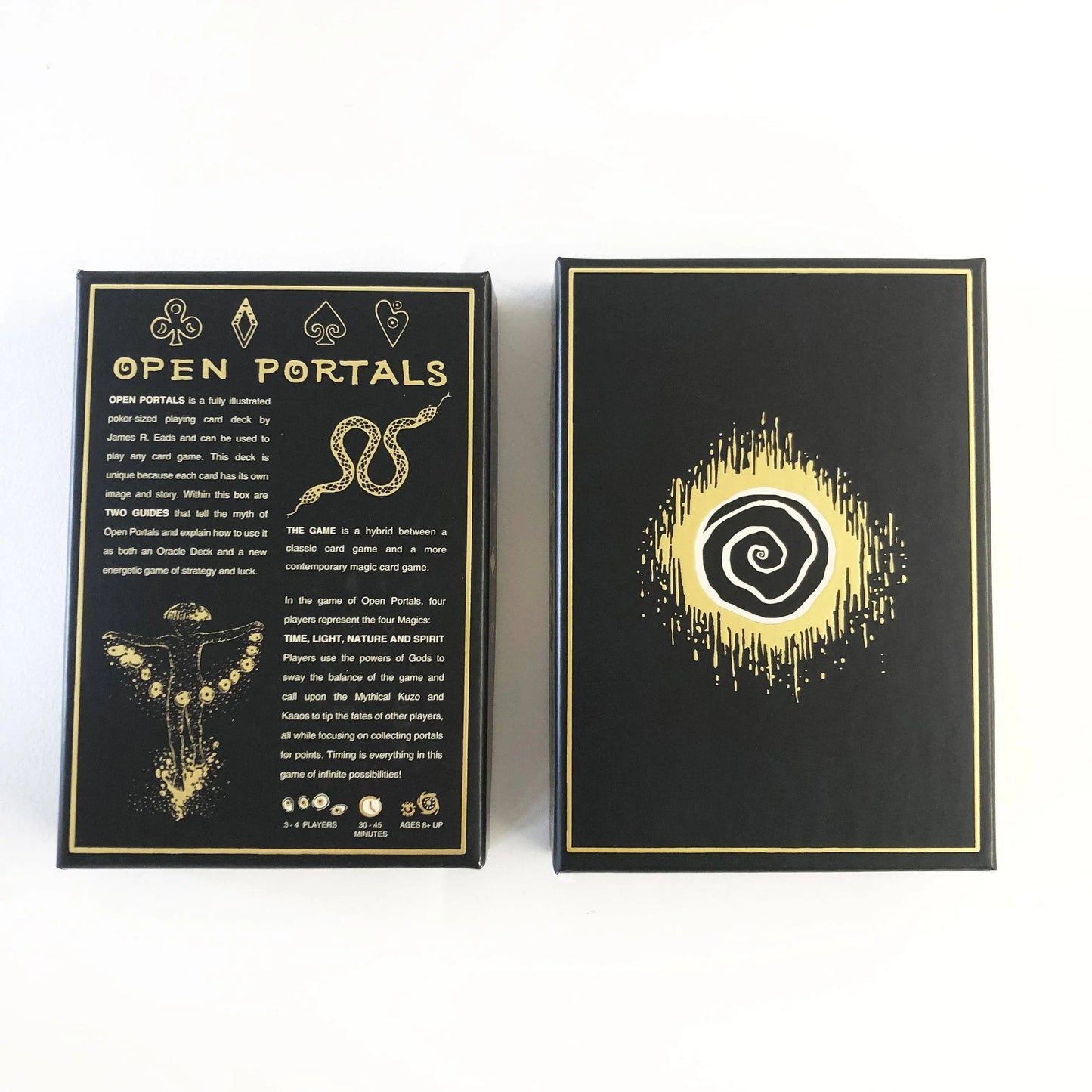 Two black boxes with gold text and symbols on a white background