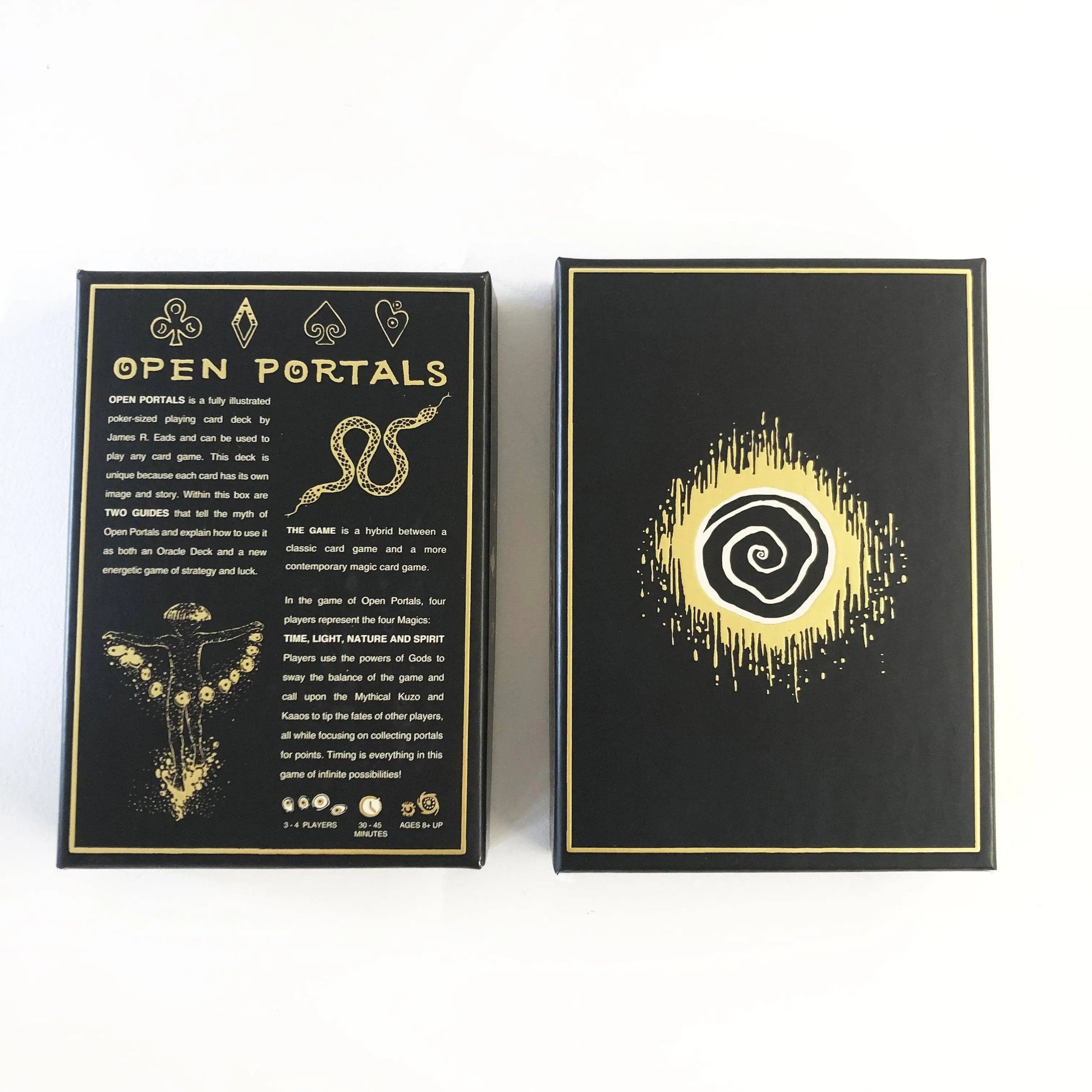 Two black boxes with gold text and symbols on a white background