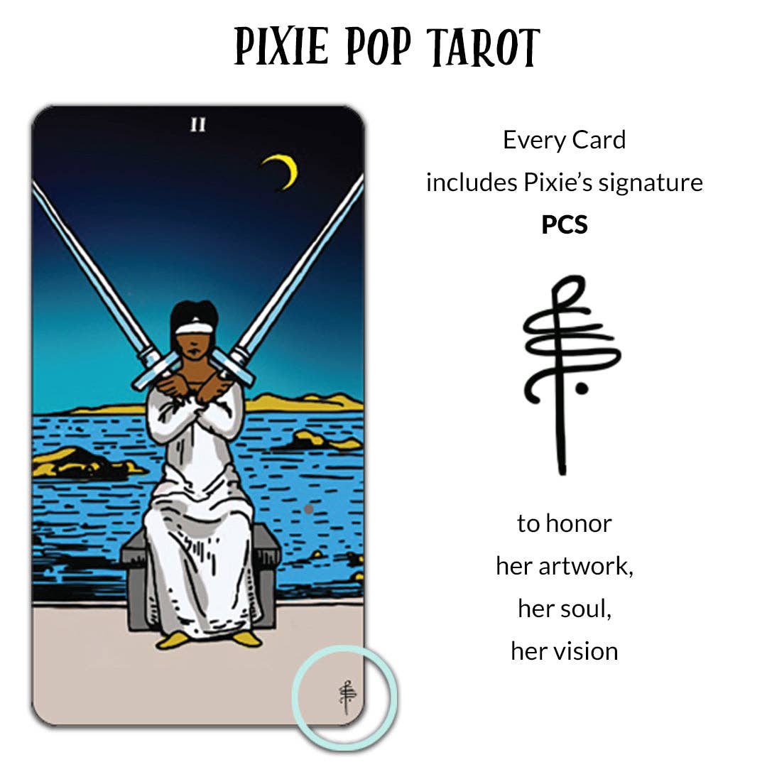 Tarot card featuring a person with swords over their head, sitting by water with text about Pixie Pop Tarot.