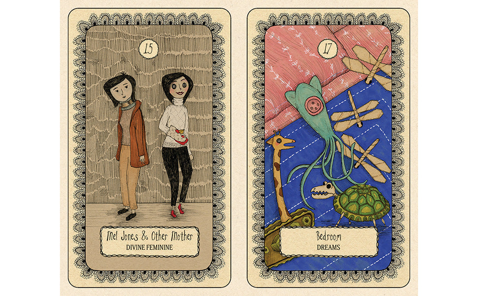 Two illustrated tarot-style cards shown side by side on a plain white background. The left card has a beige border and depicts two women standing in a room, with the text 'Mel Jones & Other Mother' and 'Divine Feminine.  Coraline Oracle Rizzoli Publishing