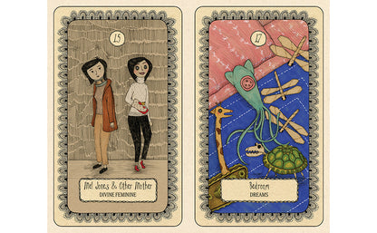 Two illustrated tarot-style cards shown side by side on a plain white background. The left card has a beige border and depicts two women standing in a room, with the text 'Mel Jones & Other Mother' and 'Divine Feminine.  Coraline Oracle Rizzoli Publishing
