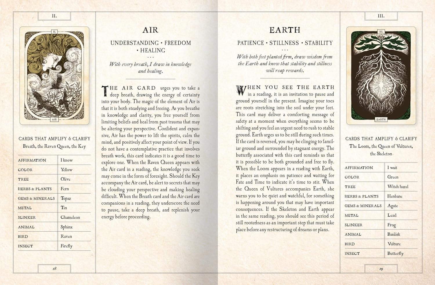 An open book or booklet showing two illustrated card spreads with text titled 'AIR' and 'EARTH', likely from a tarot or oracle card guide.