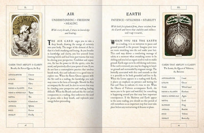 An open book or booklet showing two illustrated card spreads with text titled 'AIR' and 'EARTH', likely from a tarot or oracle card guide.