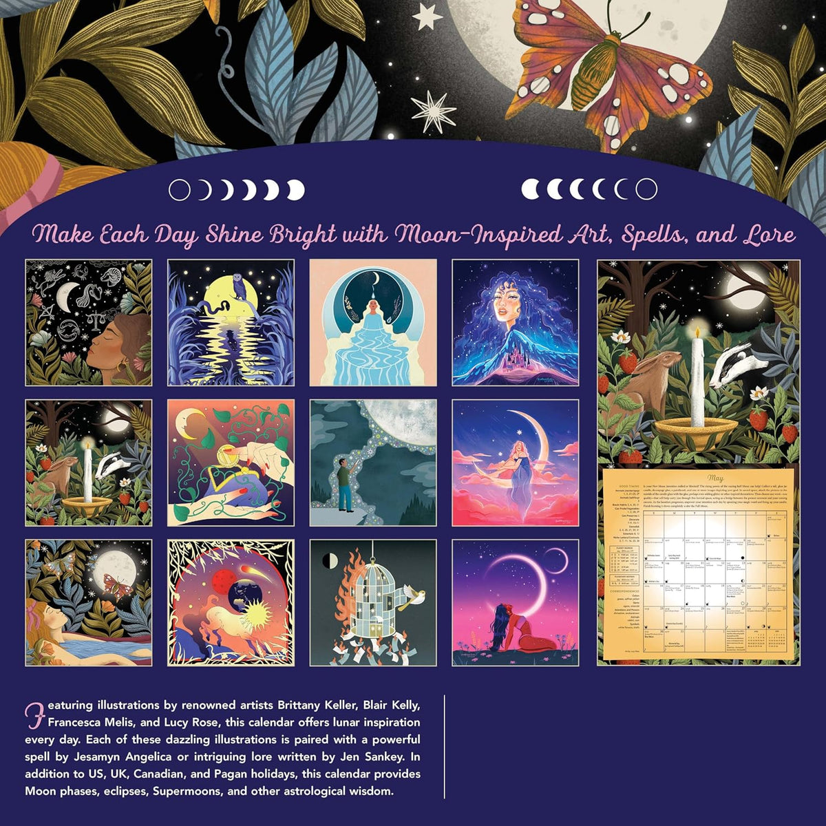 Calendar cover with moon-themed illustrations and text on a dark background Llewellyn's 2027 Magical Moon Calendar featuring lunar phases, spells, Moon lore and magical artwork