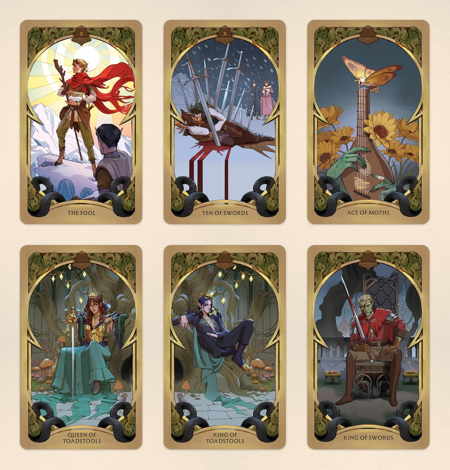 Six illustrated tarot-style cards arranged in a 2x3 grid on a light beige background. The cards feature fantasy artwork with ornate gold borders and titles including The Fool, Ten of Swords, Ace of Wands, Ten of Swords, Ace of Wands, Ten of Swords, and King of Swords. Holly Black's Faerie Tarot official deluxe gold-foiled tarot deck inspired by the World of Elfhame featuring fantasy artwork and a companion guidebook.