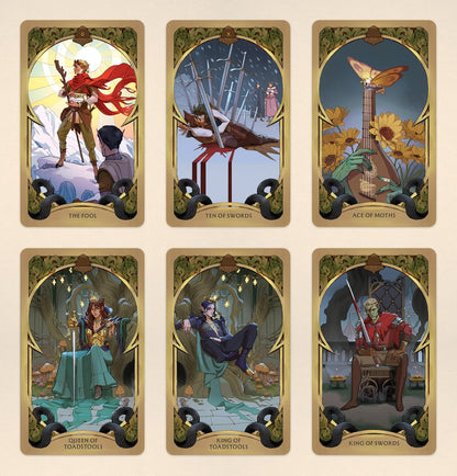 Six illustrated tarot-style cards arranged in a 2x3 grid on a light beige background. The cards feature fantasy artwork with ornate gold borders and titles including The Fool, Ten of Swords, Ace of Wands, Ten of Swords, Ace of Wands, Ten of Swords, and King of Swords. Holly Black's Faerie Tarot official deluxe gold-foiled tarot deck inspired by the World of Elfhame featuring fantasy artwork and a companion guidebook.