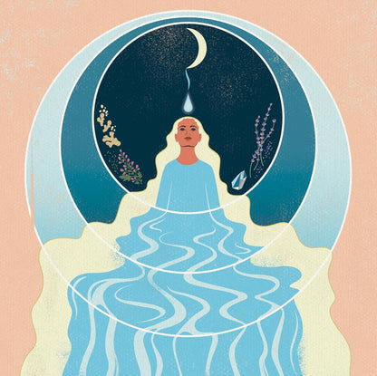 An illustrated circular artwork showing a seated figure in a flowing light blue robe against a dark blue night sky with a crescent moon, surrounded by pale cream and blue tones on a peach background. Llewellyn's 2027 Magical Moon Calendar featuring lunar phases, spells, Moon lore and magical artwork